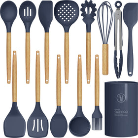 Oannao silicone utensils set spatula wooden handles protects non-stick pans while stirring