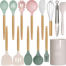 Oannao silicone cooking utensils with wooden handles protecting nonstick pans during stirring.