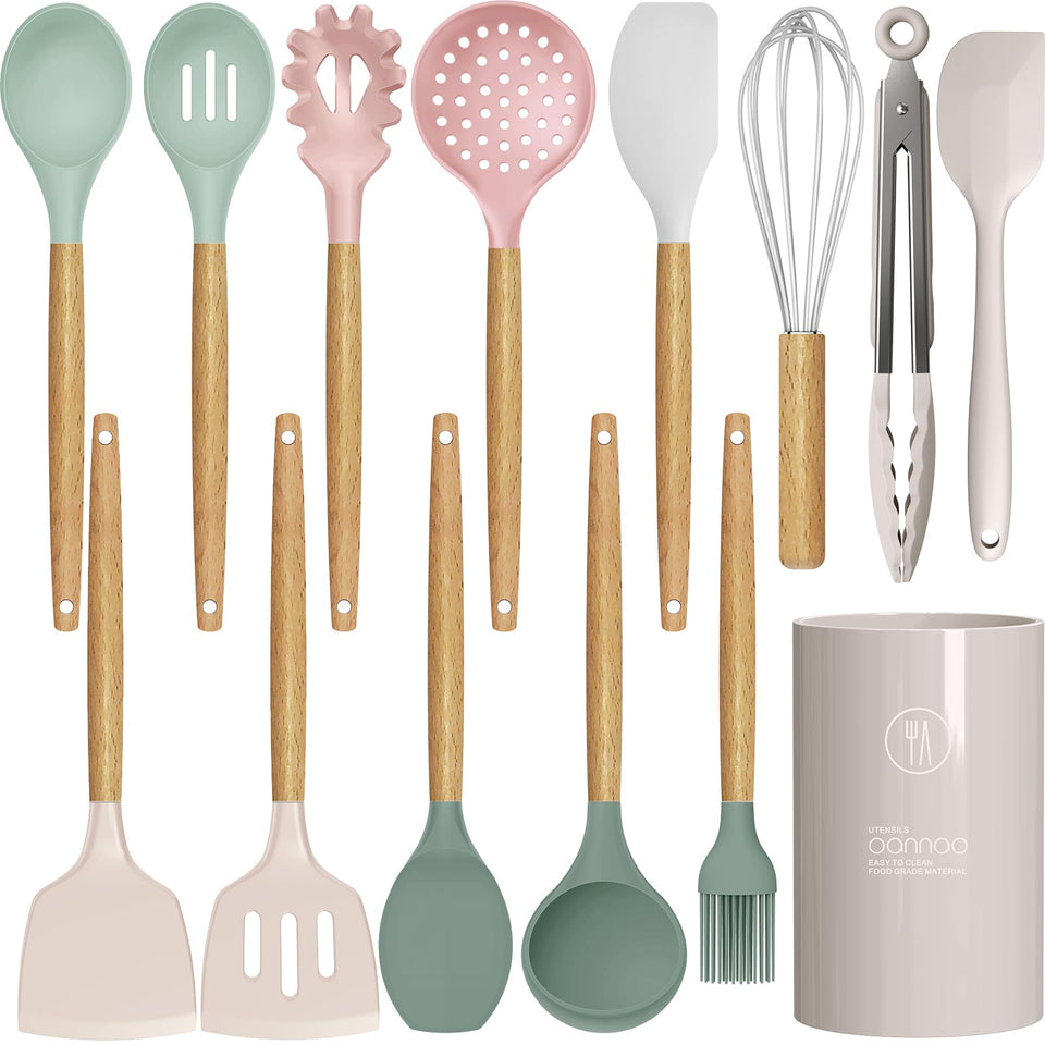 Oannao silicone cooking utensils with wooden handles protecting nonstick pans during stirring.