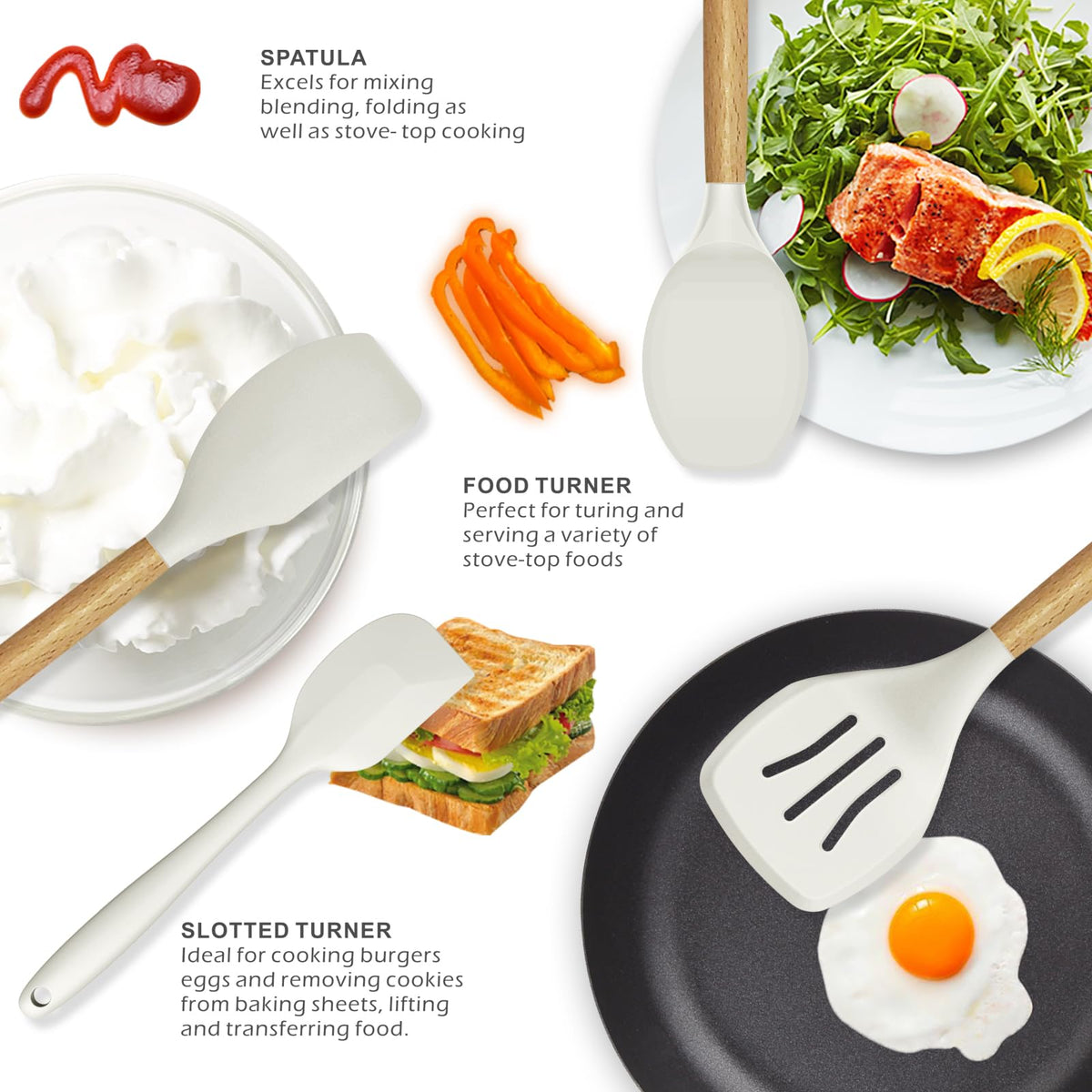 oannao silicone utensils nonstick-friendly set protects pans while stirring and flipping.
