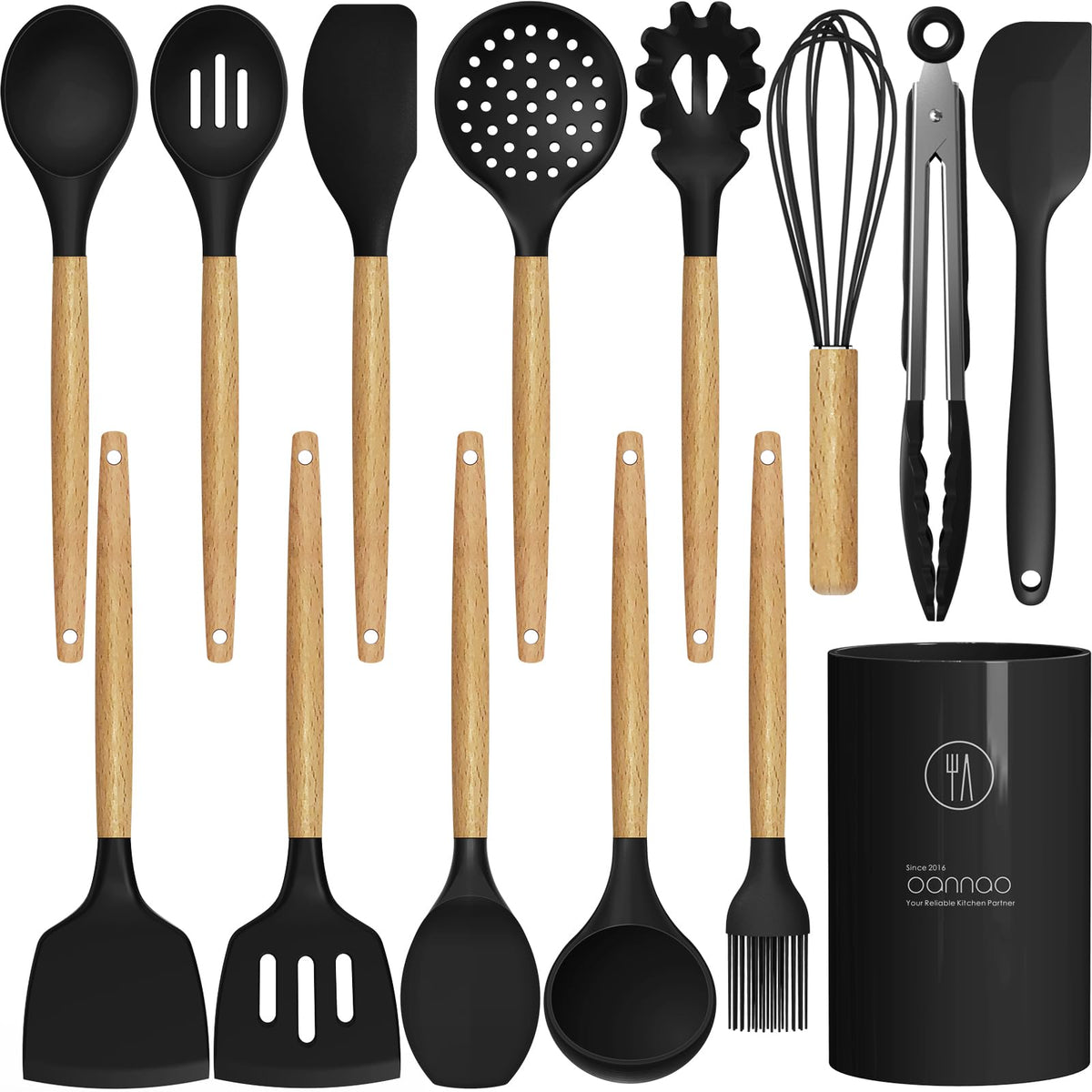 Oannao silicone utensils set with wooden handles for scratch-free nonstick cooking.