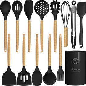 Oannao silicone utensils set with wooden handles for scratch-free nonstick cooking.