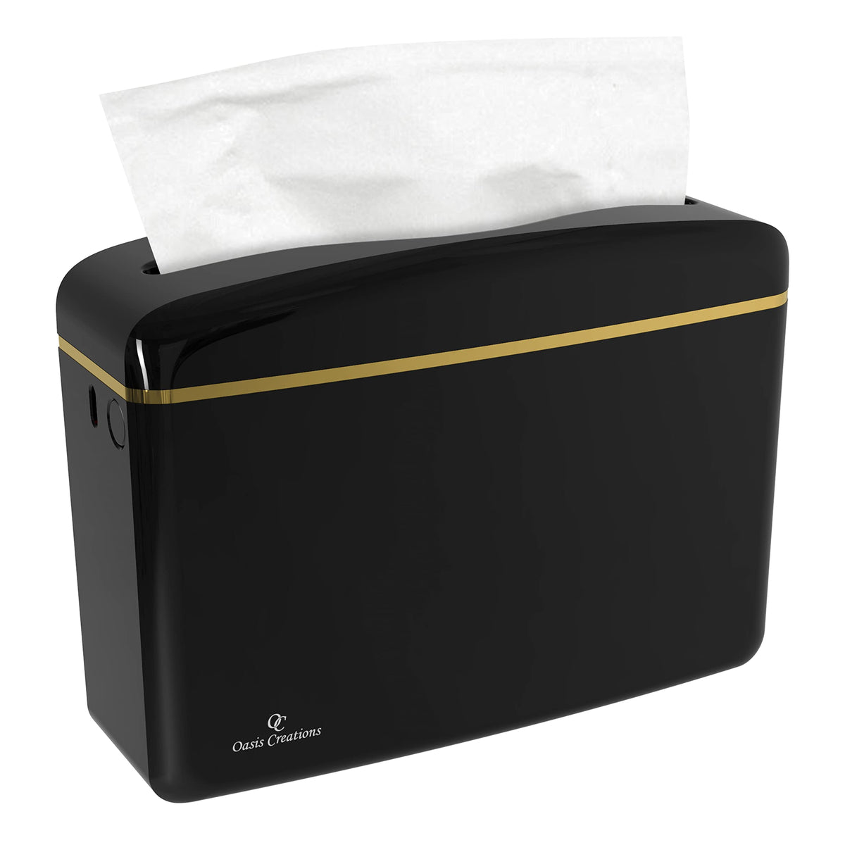Oasis Creations glossy black multifold dispenser front view for sleek countertop use