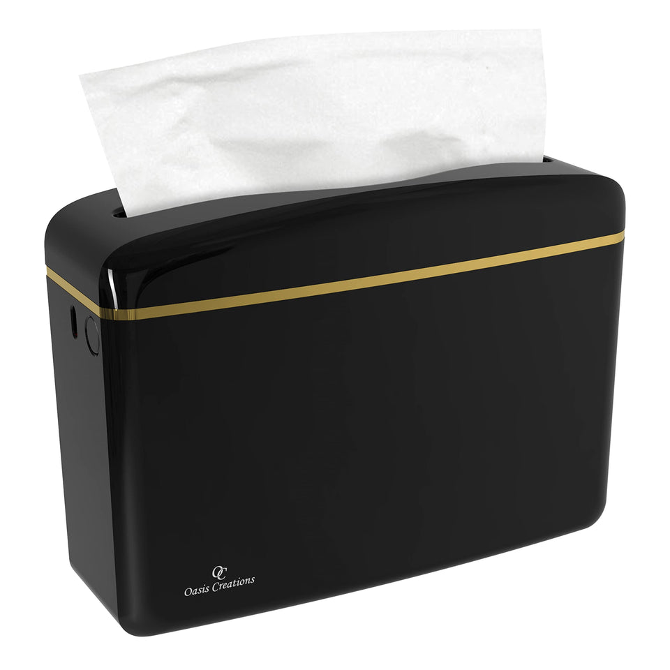 Oasis Creations glossy black multifold dispenser front view for sleek countertop use