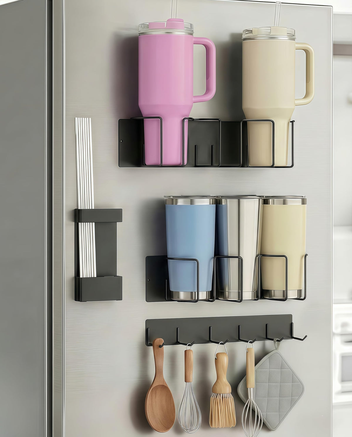 Oasis Origin magnetic cup holder on fridge with 4-piece set holding 20–40oz cups securely
