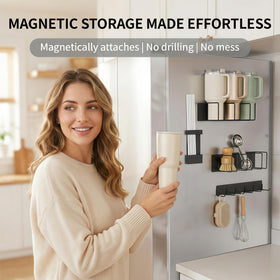 Straw holder and bottle brush slot keep accessories within easy reach
