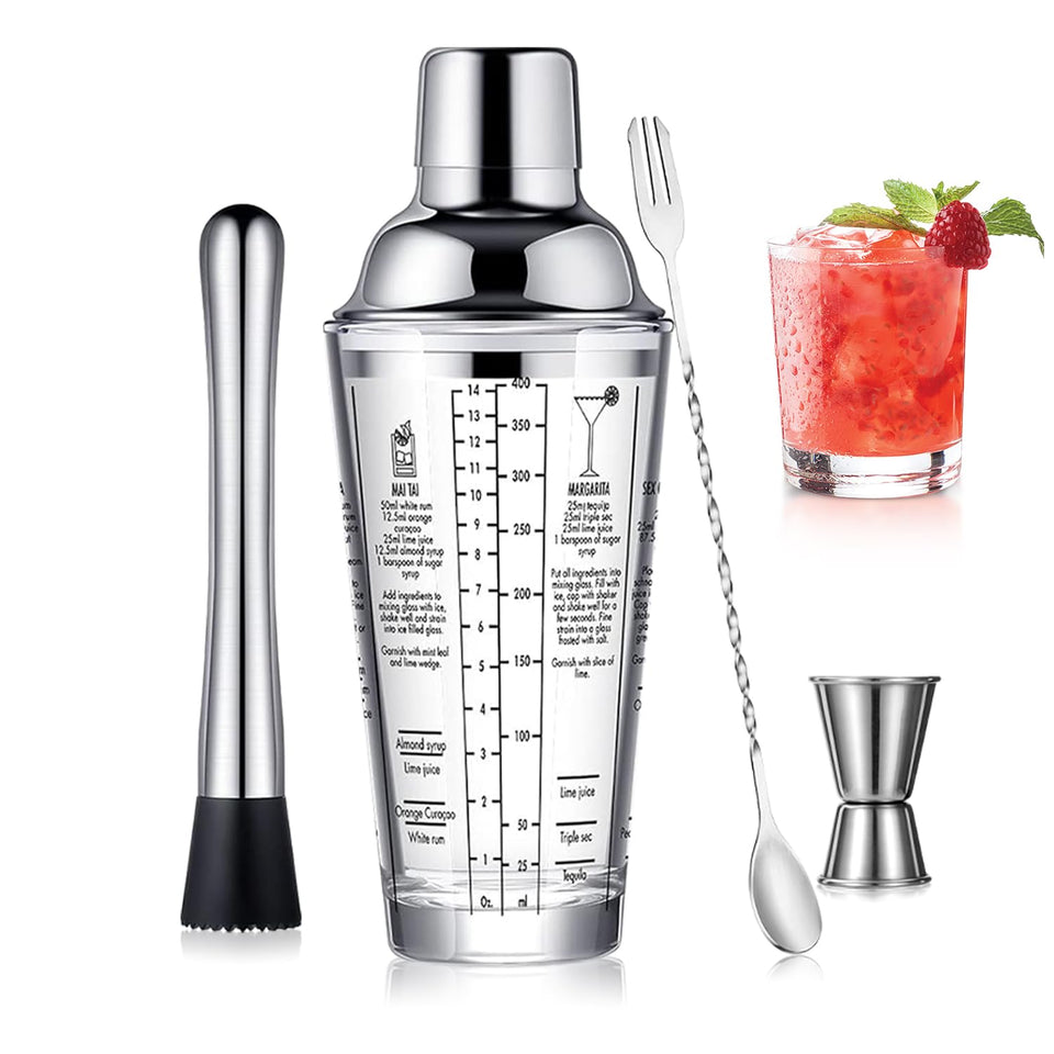 OBALY glass cocktail shaker with muddler and clear measurements for precise mixing.