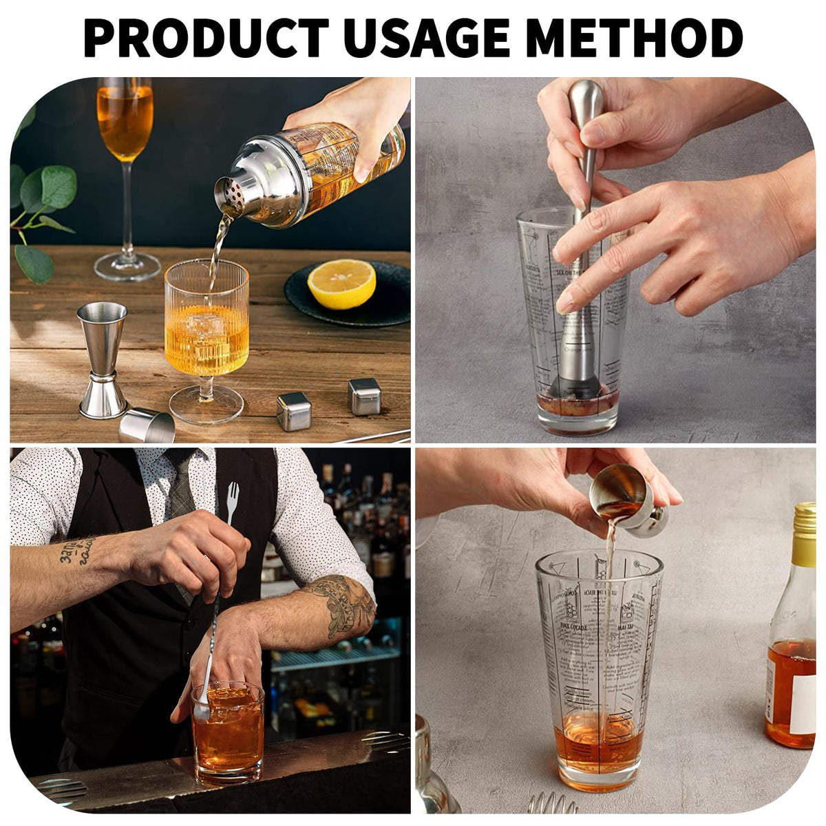 OBALY mixing spoon and Jigger set for accurate pour control.