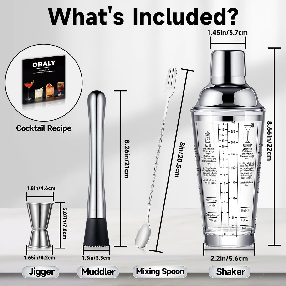 OBALY glass shaker features printed cocktail recipes for quick practice.