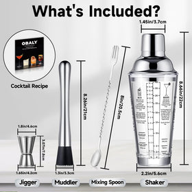 OBALY glass shaker features printed cocktail recipes for quick practice.