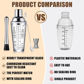 OBALY shaker shows measuring scale while pouring for easy recipe accuracy.