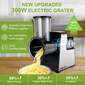 Obecilc seven-blade set shown for slicing, shredding and grinding versatility