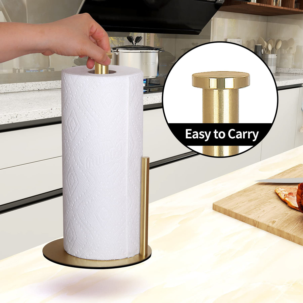 OBODING gold countertop paper towel holder anti-slip base keeps towels secure on counters.