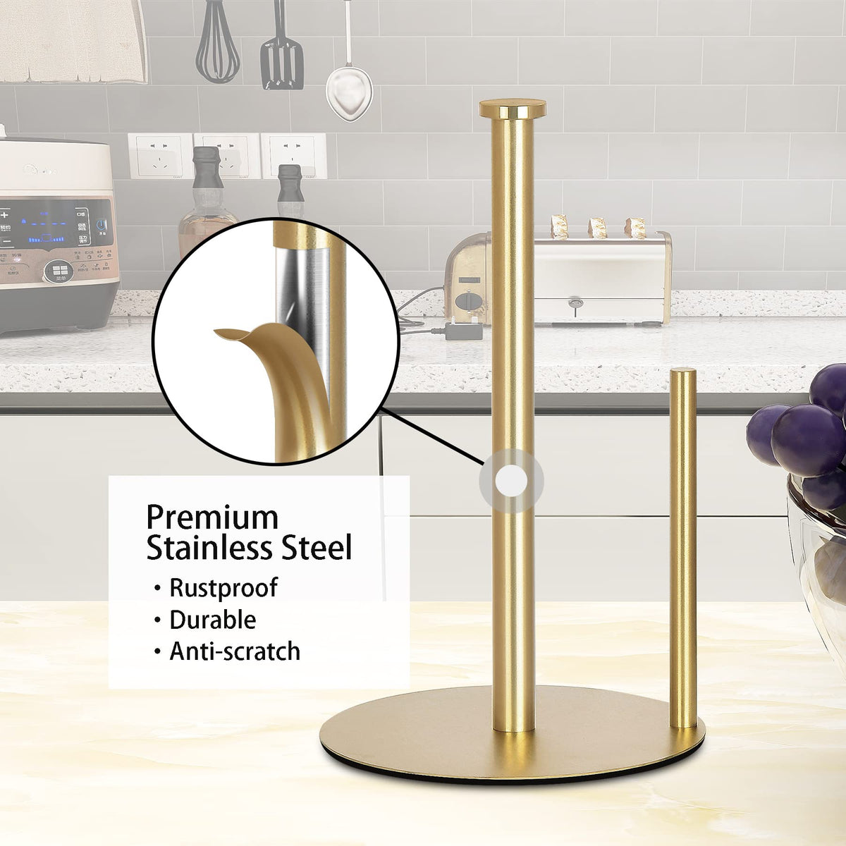 OBODING gold countertop paper towel holder on kitchen counter ready for daily use.