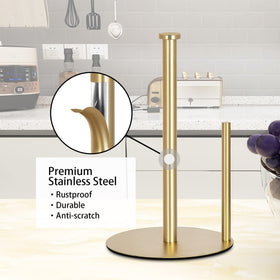 OBODING gold countertop paper towel holder on kitchen counter ready for daily use.