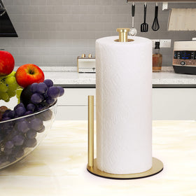 OBODING gold countertop paper towel holder side view shows compact footprint for countertops.