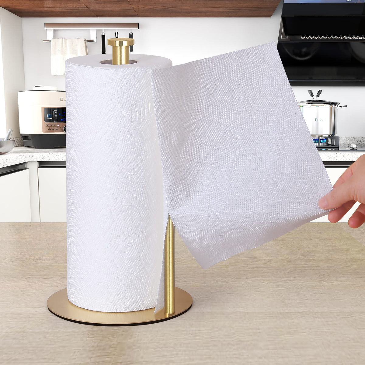 OBODING gold countertop paper towel holder top cap aids easy transport between rooms.