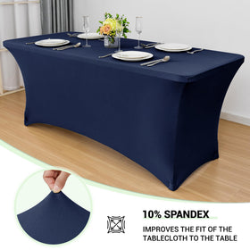 Obstal two-pack navy stretch tablecloth fitted to a banquet setup
