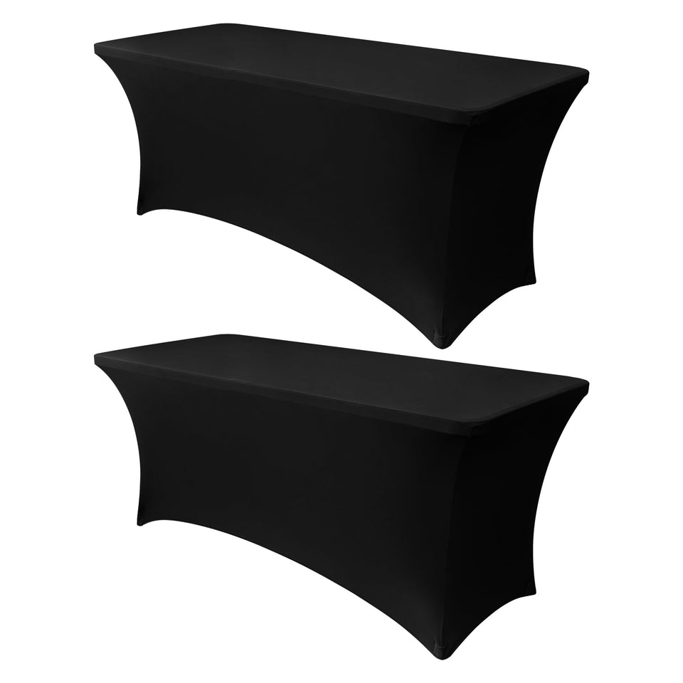 Obstal 6ft stretch black spandex tablecloth on folding table; two-pack coverage.
