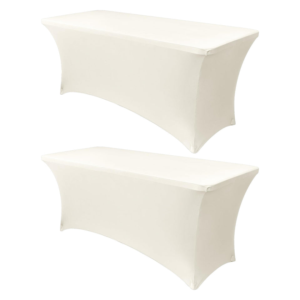 Obstal 6ft stretch table cover in cream folded for quick setup.