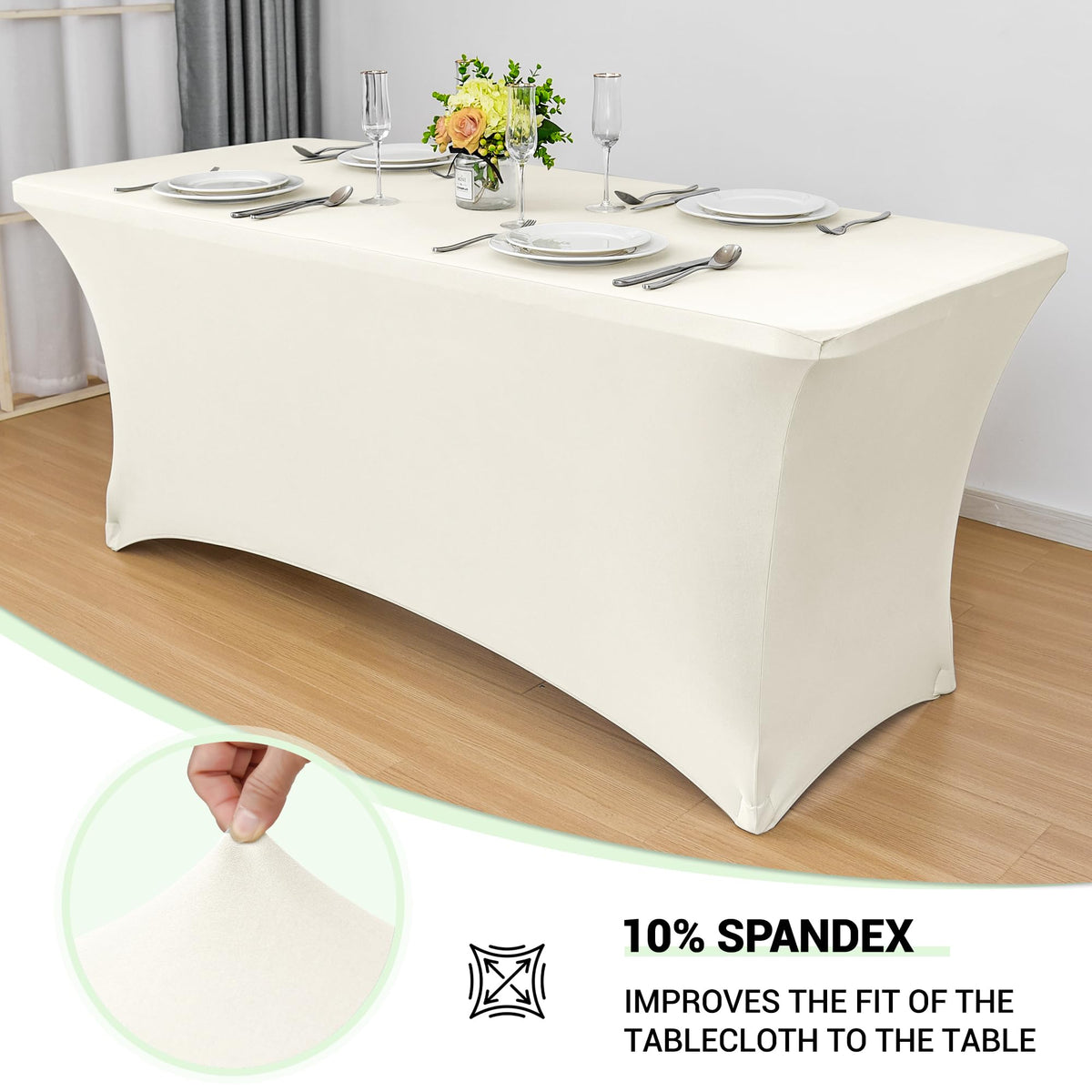 Obstal 6ft stretch table cover cream on table with smooth drape.