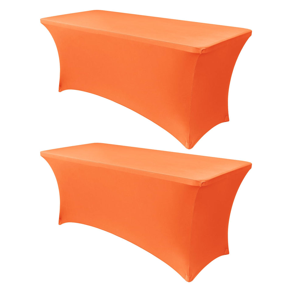 Obstal 6ft stretch table cover in orange on a rectangular folding table, for a clean banquet look.