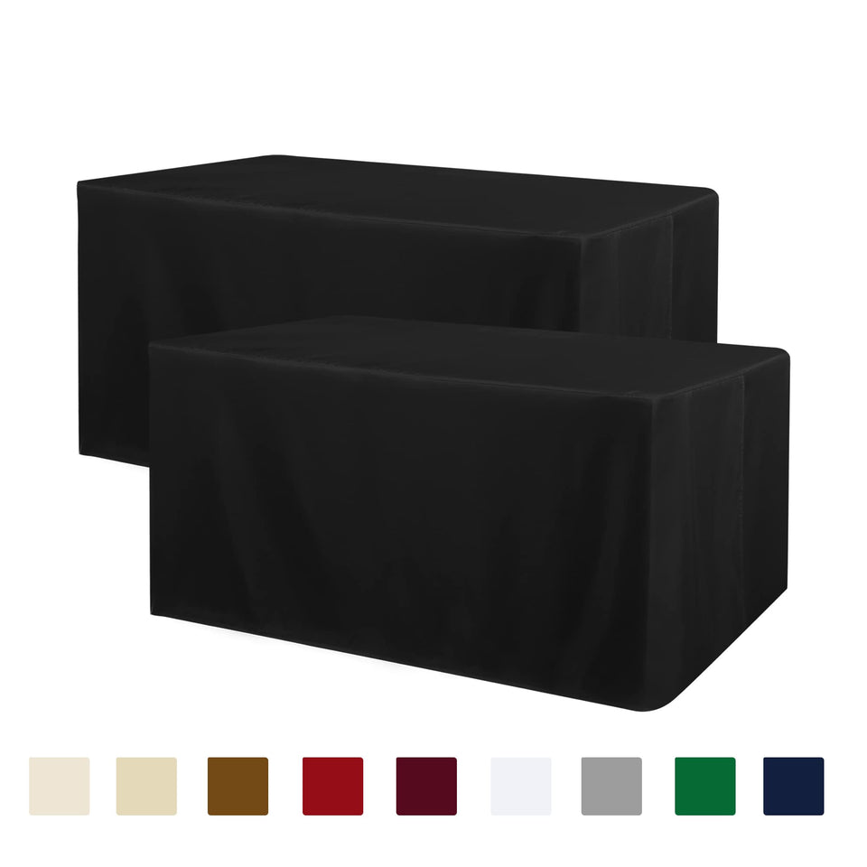 Obstal black fitted tablecloth on a 4-foot rectangle table for a clean look.