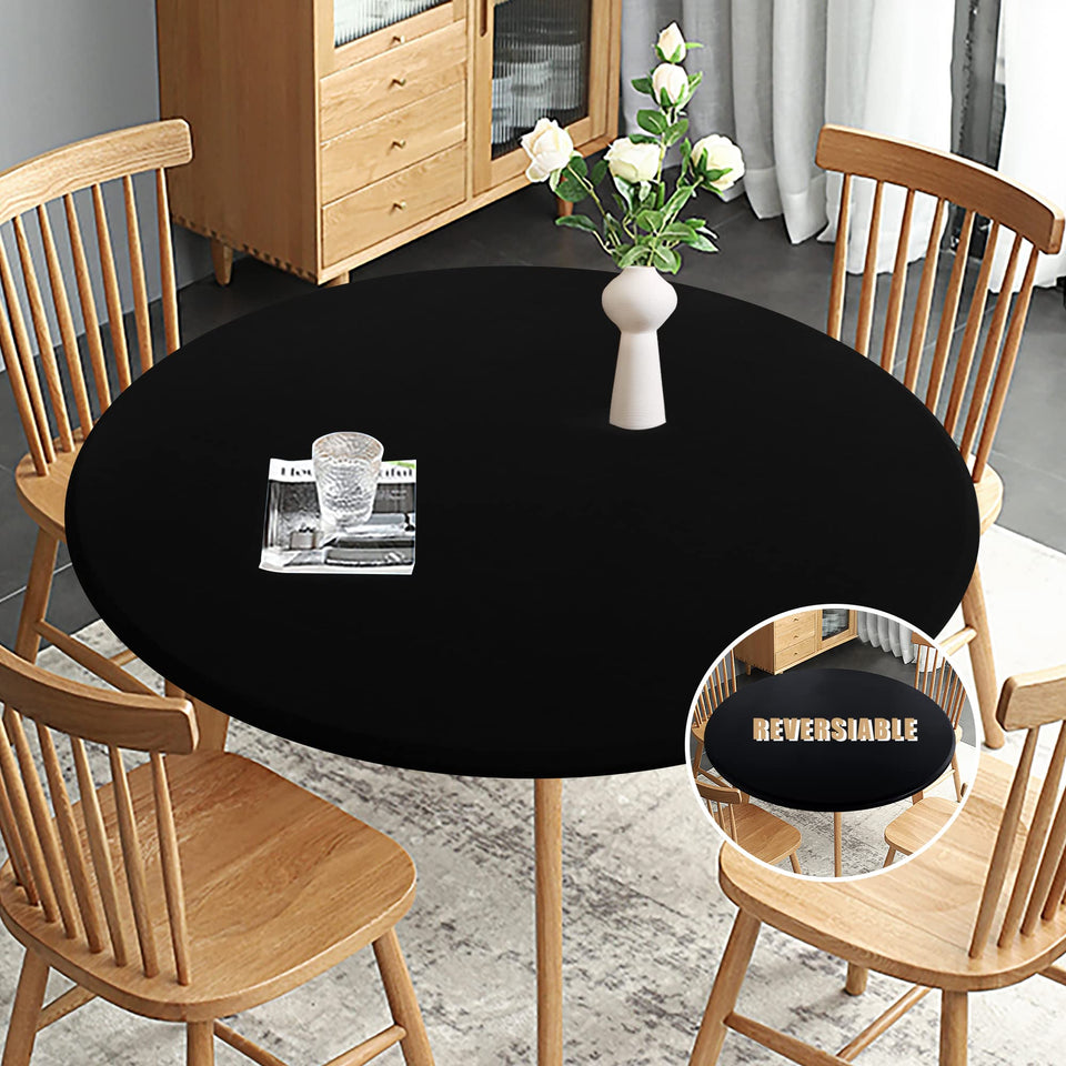 Obstal fitted round table cloth demonstrating elastic stretch for a secure round-table fit.