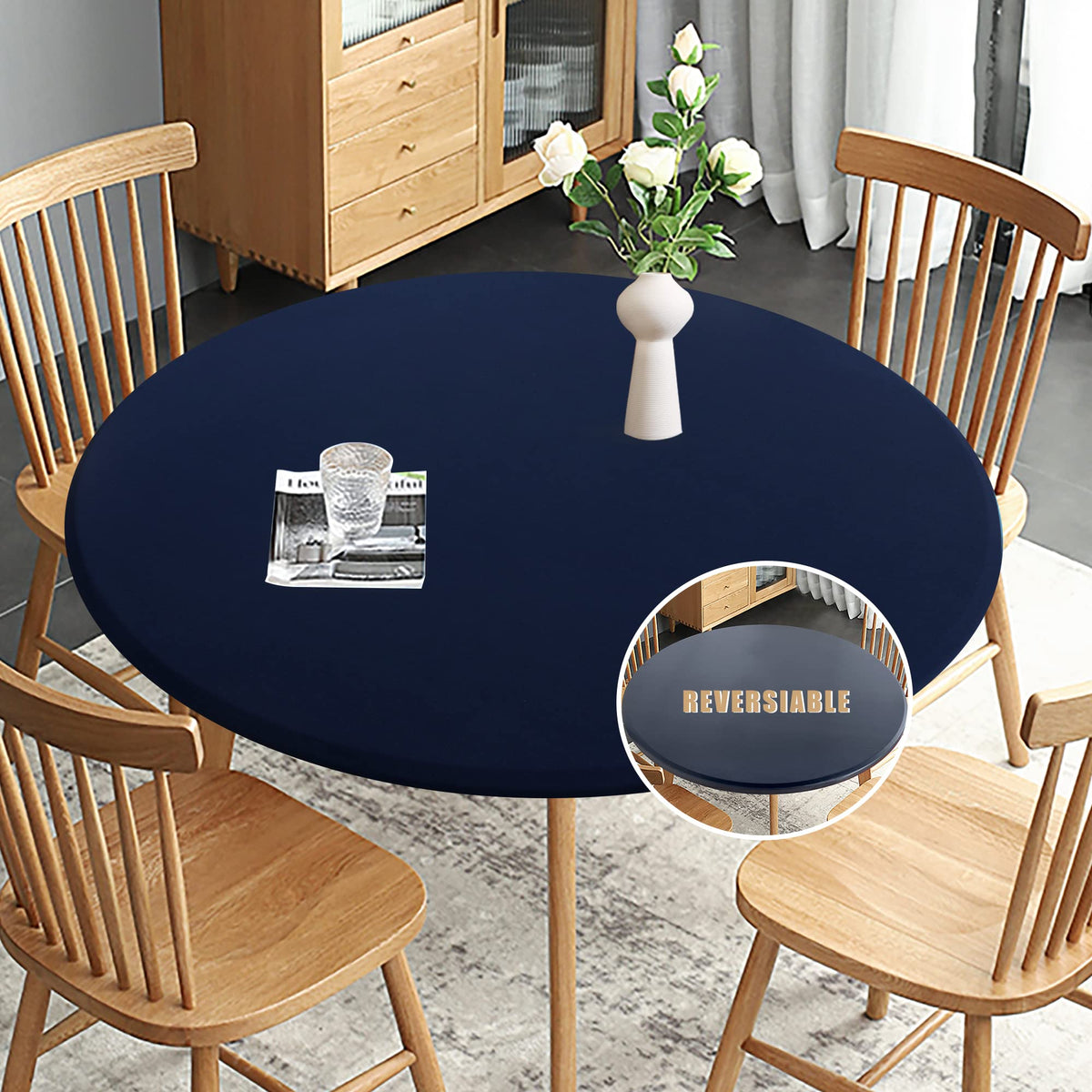 Obstal navy fitted round table cloth on table showing secure elastic fit