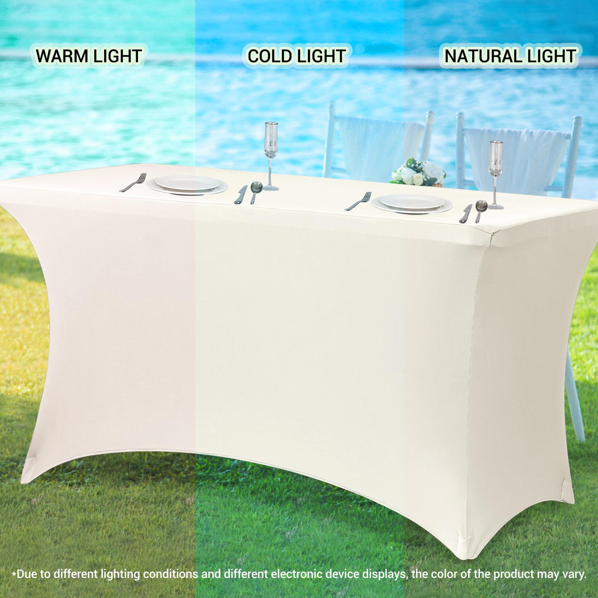 Obstal indoor-outdoor cream table cover protects tables from dirt.
