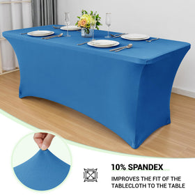 Obstal rectangular fitted tablecloth shows secure elastic leg pockets for a clean line