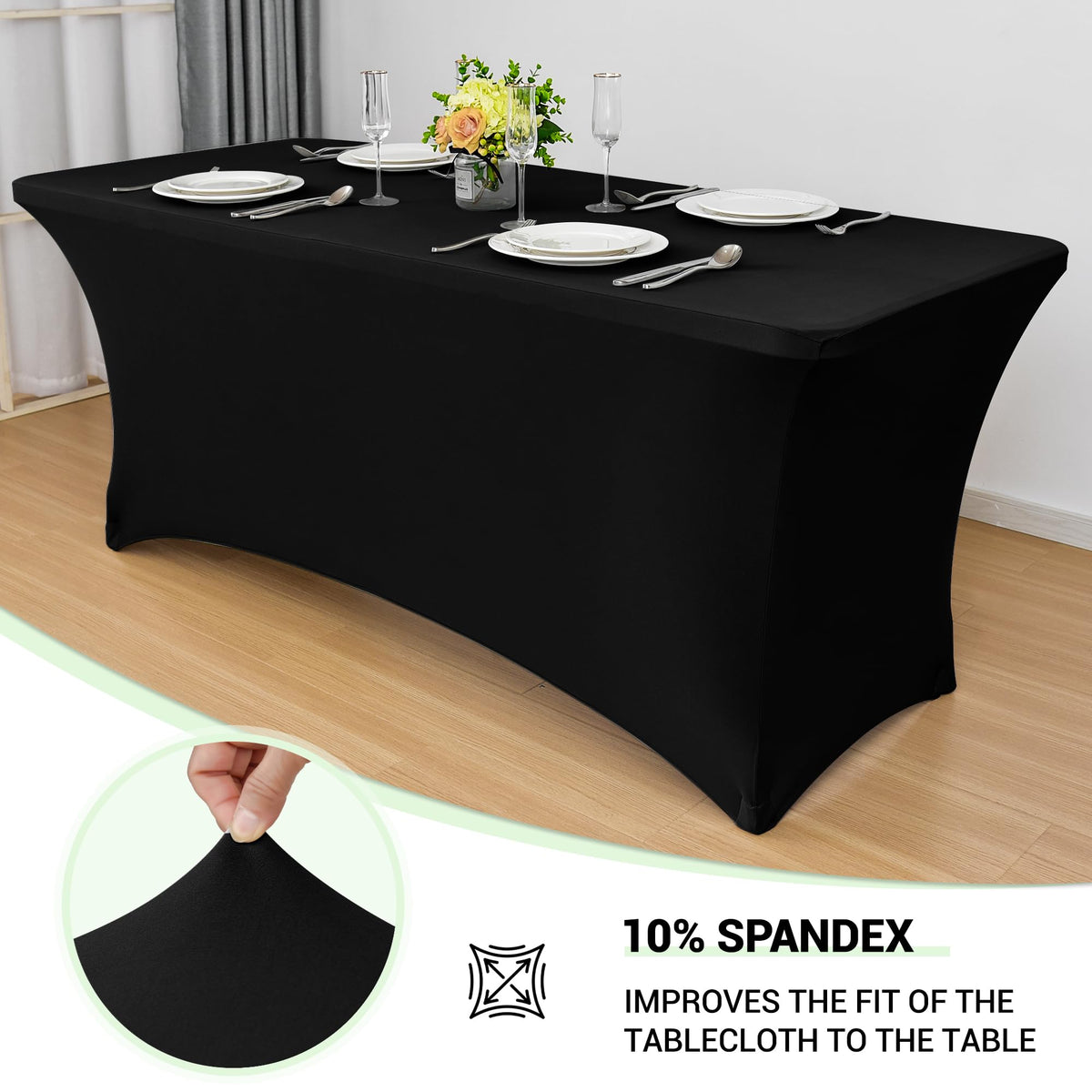 Obstal rectangular fitted tablecloth with leg pockets secures legs for clean edges.