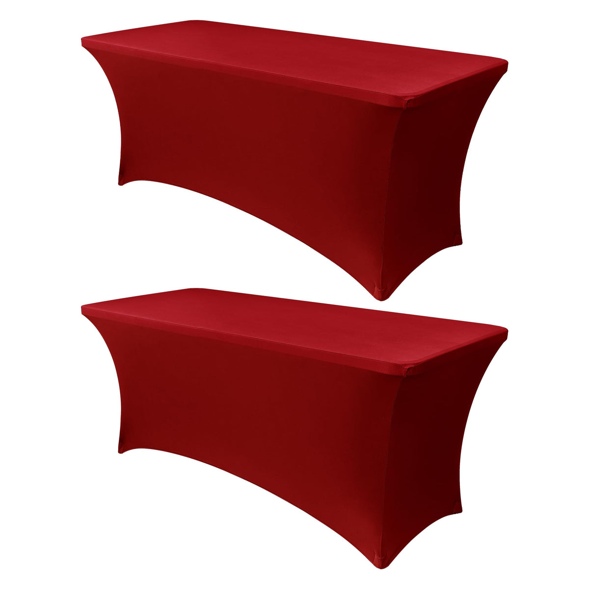 Obstal red 6ft stretch table cover fitted to a folding table for party decor.