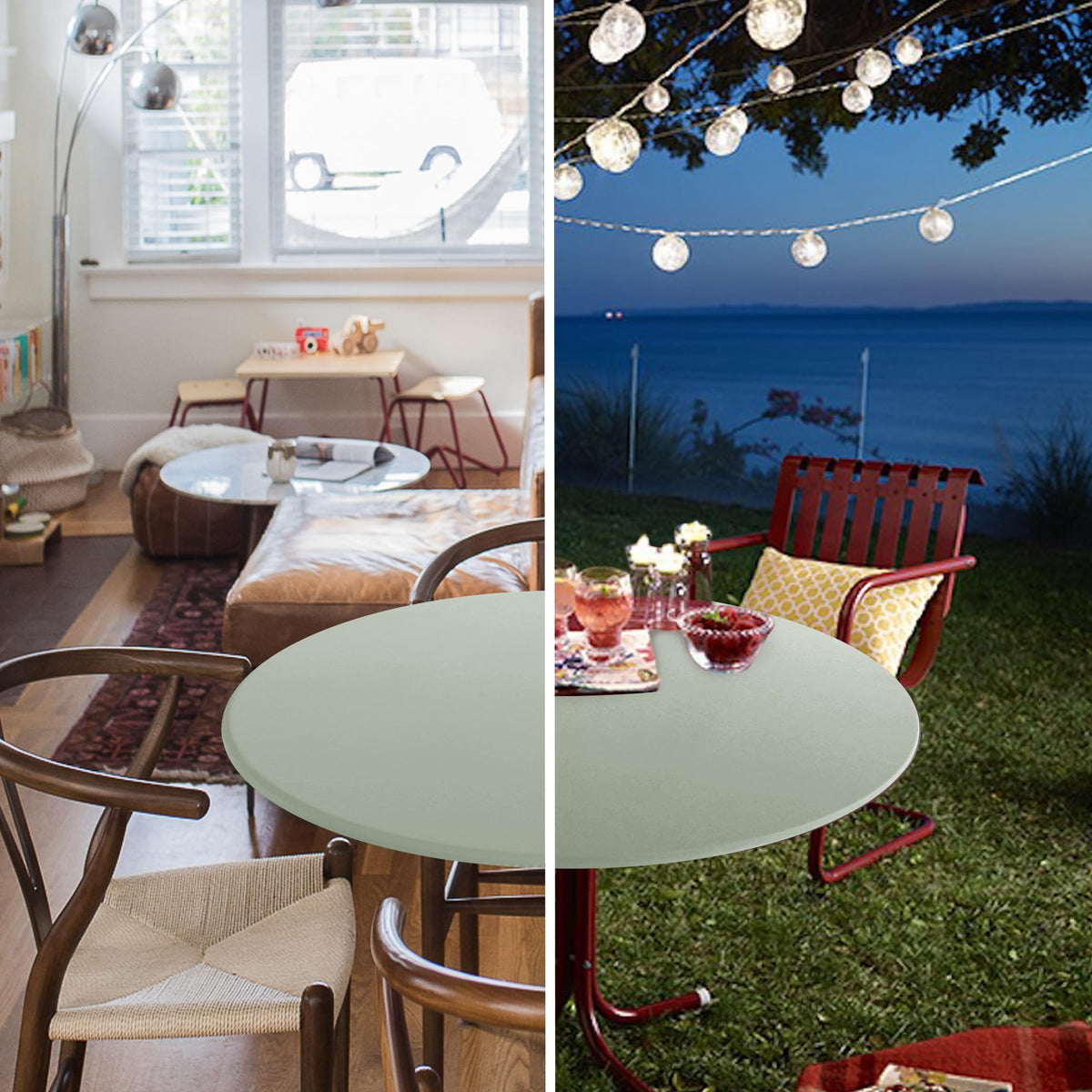 Obstal reversible design round table cloth with two distinct looks.