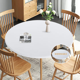 Obstal round table cloth shows stretch fabric for quick setup on round tables.