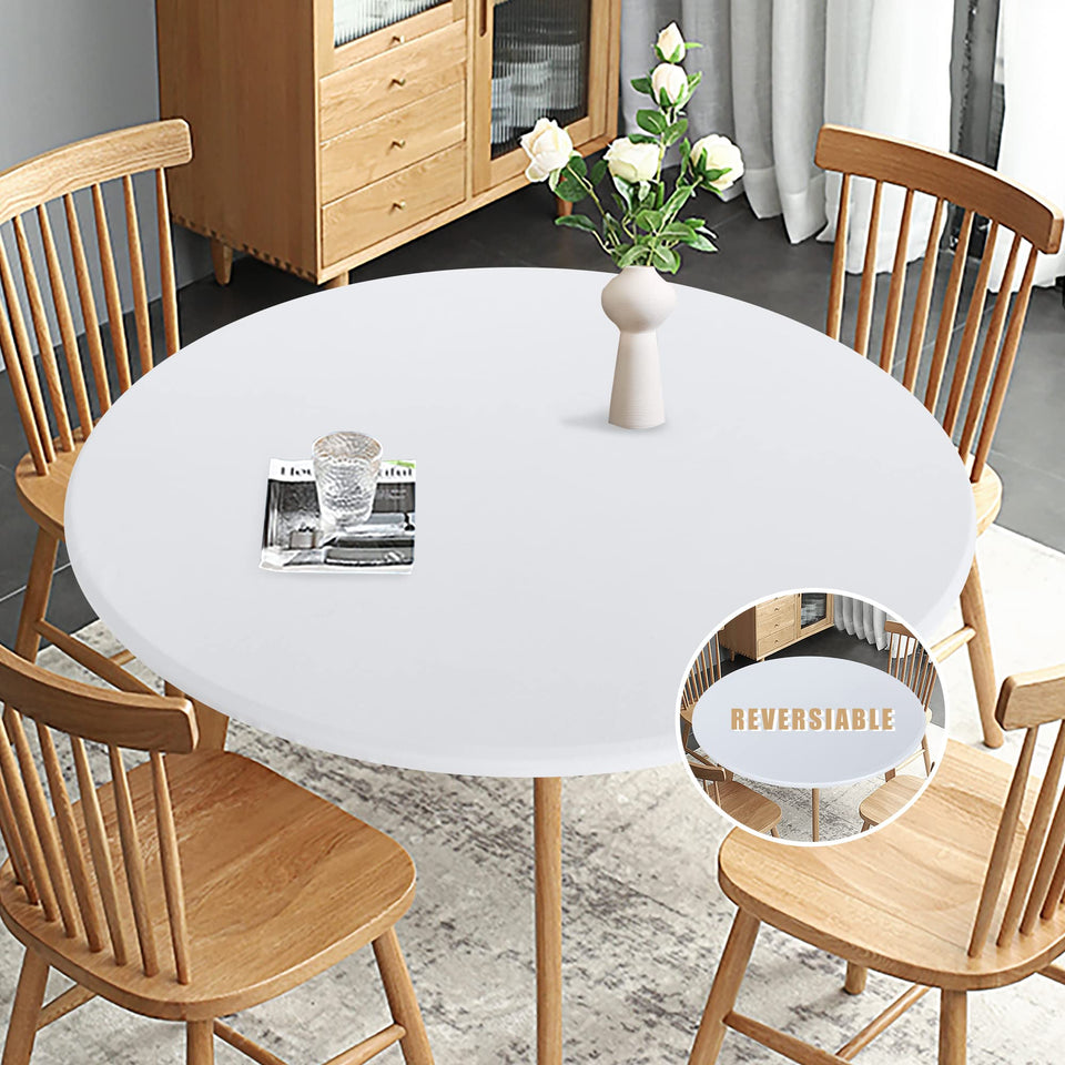 Obstal round table cloth shows stretch fabric for quick setup on round tables.