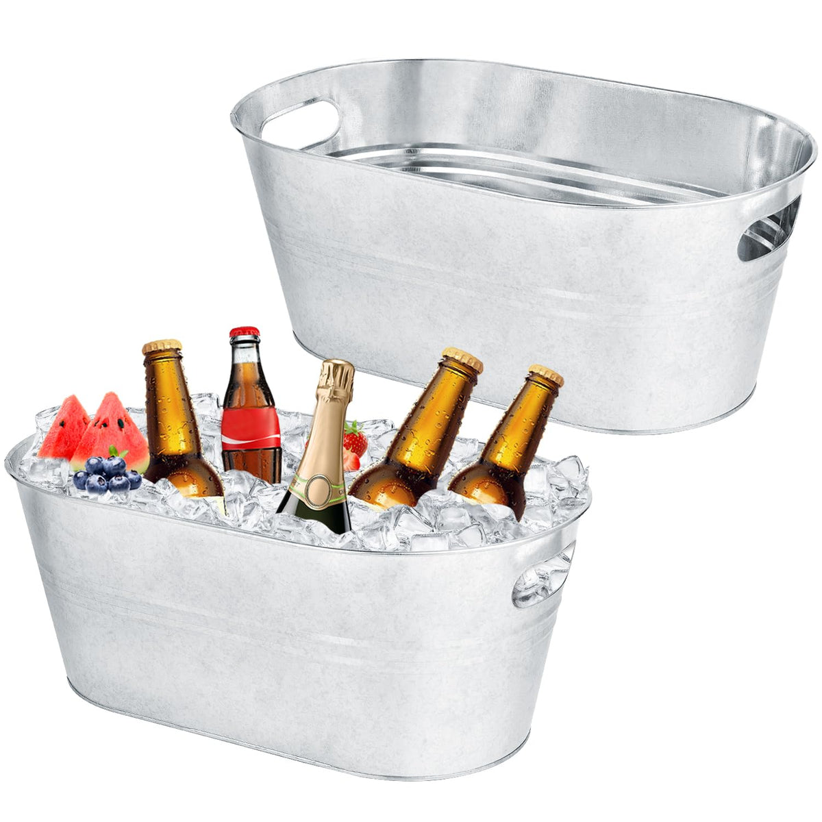 OBTANIM 2-pack galvanized ice buckets, top view, easy transport for parties.