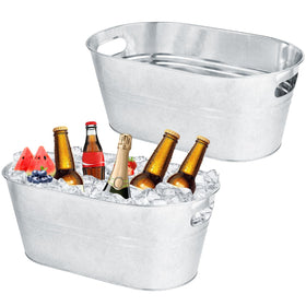OBTANIM 2-pack galvanized ice buckets, top view, easy transport for parties.