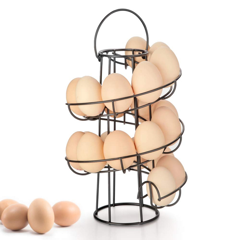 OBVIS spiral egg skelter rack on countertop for organized, easy-access eggs.
