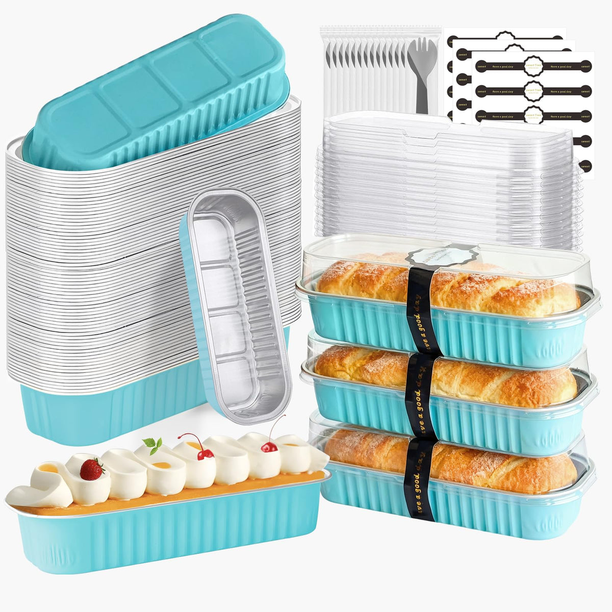 OBXMLFY mini cake pans with lids and spoons blue closeup showing sturdy oven-ready aluminum