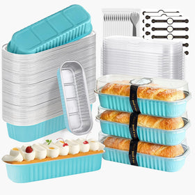 OBXMLFY mini cake pans with lids and spoons blue closeup showing sturdy oven-ready aluminum
