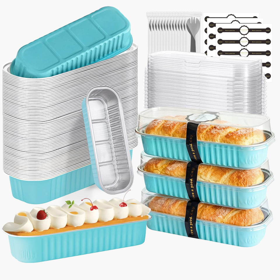 OBXMLFY mini cake pans with lids and spoons blue closeup showing sturdy oven-ready aluminum
