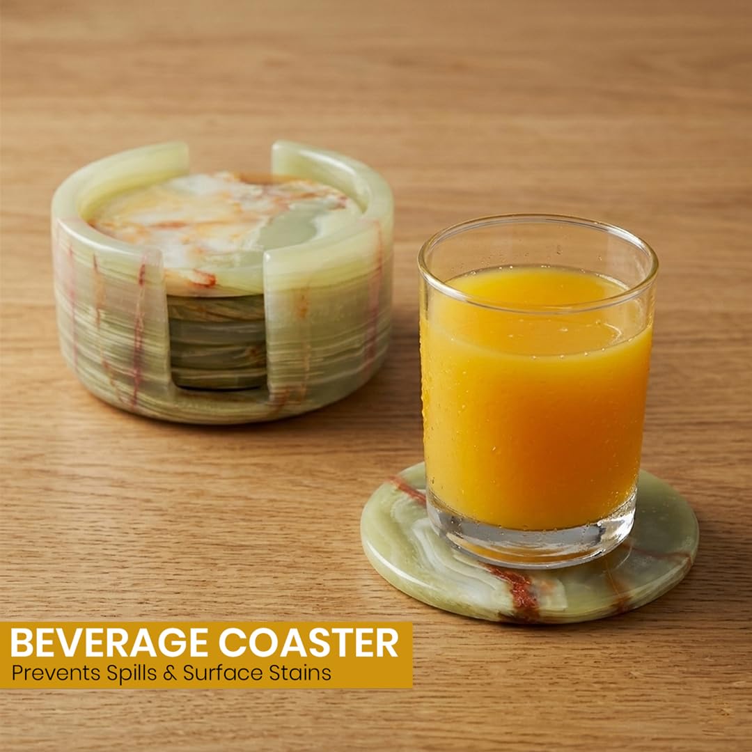 OceanicX marble coaster holder set elevates living room décor while keeping coasters accessible.