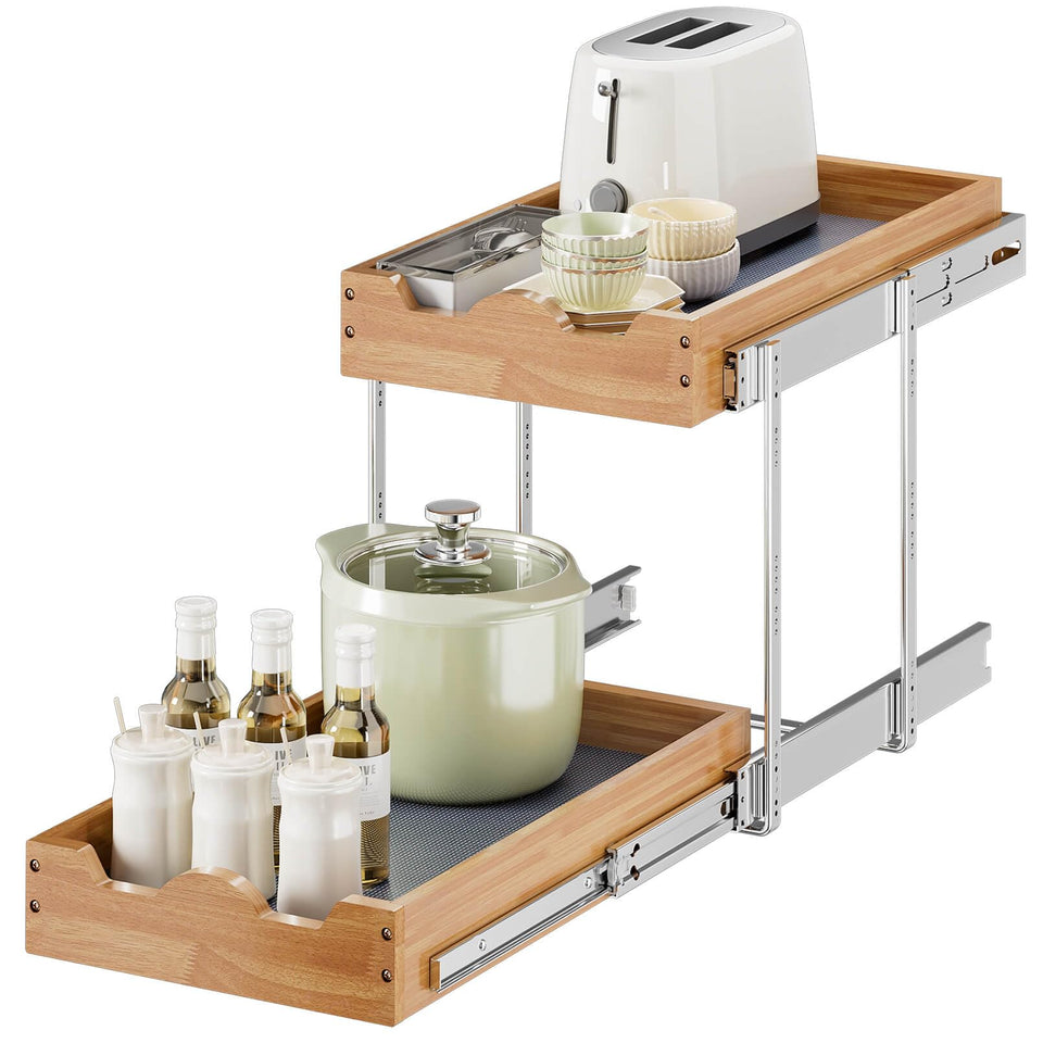 OCG 2-tier pull-out drawers side view improves cabinet organization.
