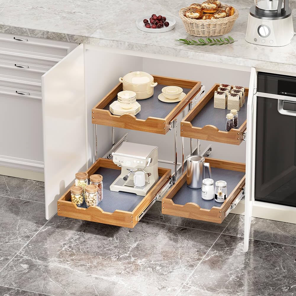 OCG 21-inch-deep cabinet fit utilizes two-tier shelves efficiently.