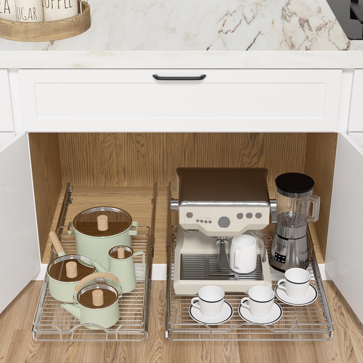OCG pull-out cabinet organizer smooth-slide action highlights easy access.