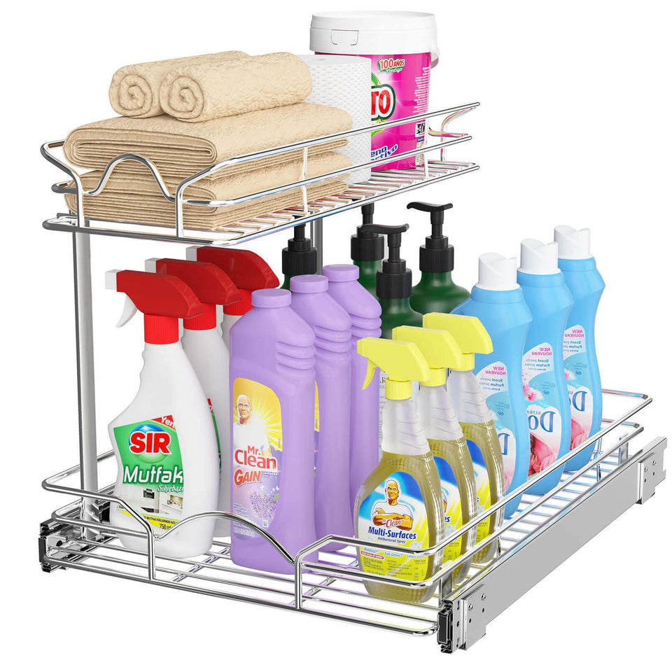 OCG under-sink organizer two-tier pull-out boosts cabinet storage.
