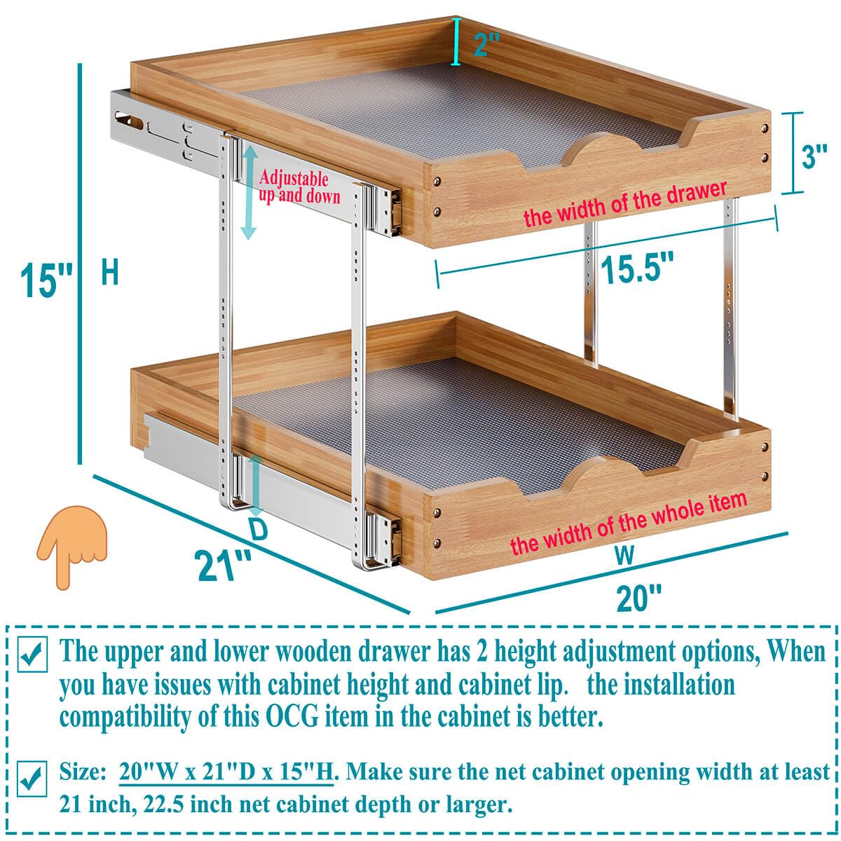 OCG wood drawer slide-out shelf demonstrates durable construction and smooth operation.