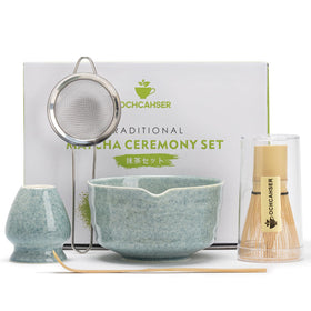 Ochcahser matcha kit bowl and holder in serene blue glaze, perfect for elegant tea rituals