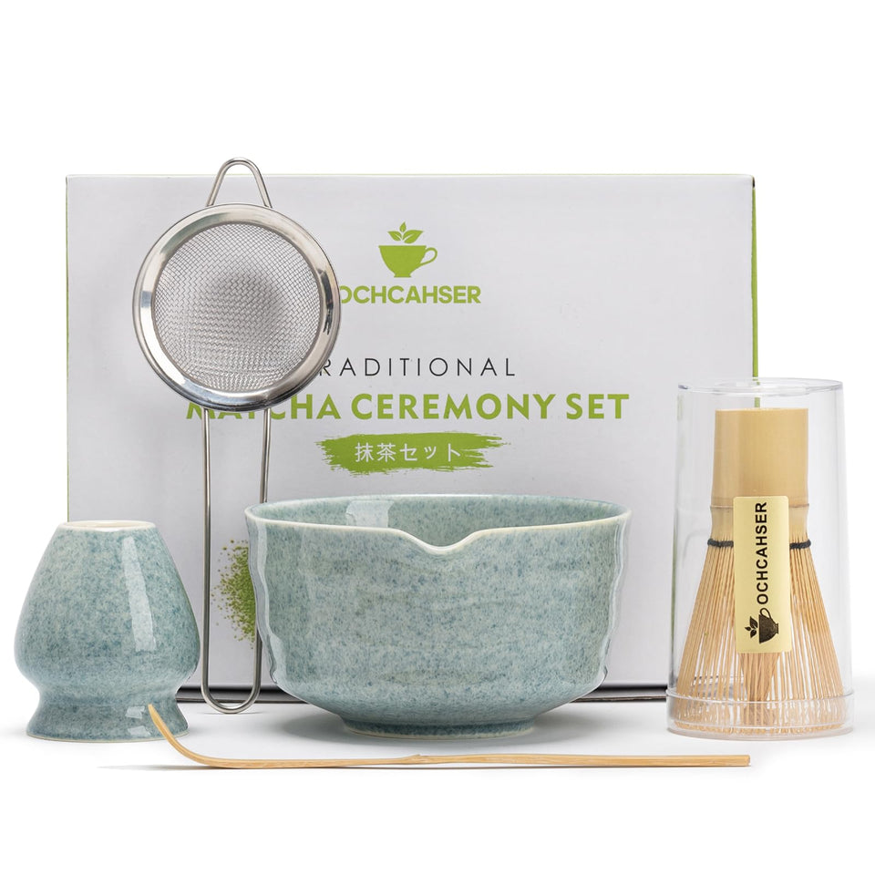 Ochcahser matcha kit bowl and holder in serene blue glaze, perfect for elegant tea rituals